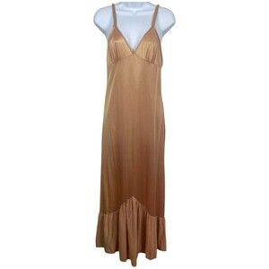 VTG Union Made Interludes Gold Babydoll Maxi Slip Dress Ruffled Bottom M READ